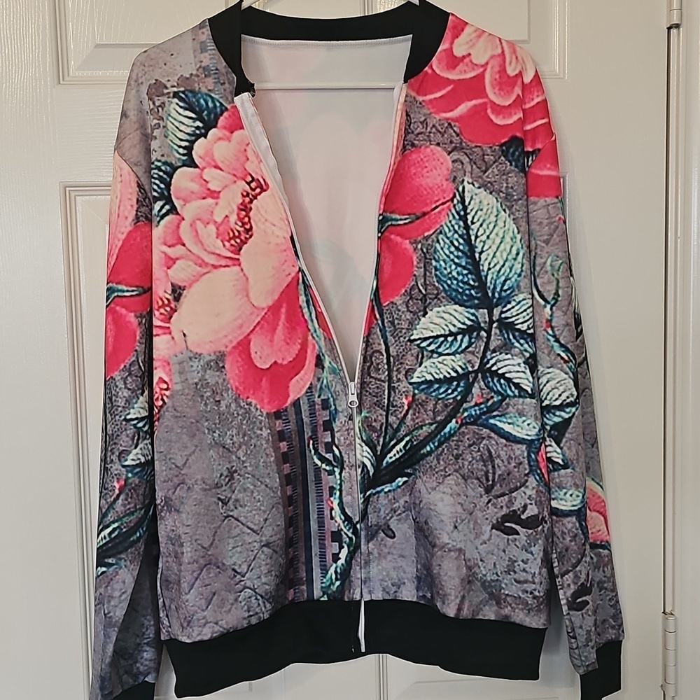 New Retro Y2K Lightweight Bomber Jacket Floral Full Zip Large - Picture 8 of 13